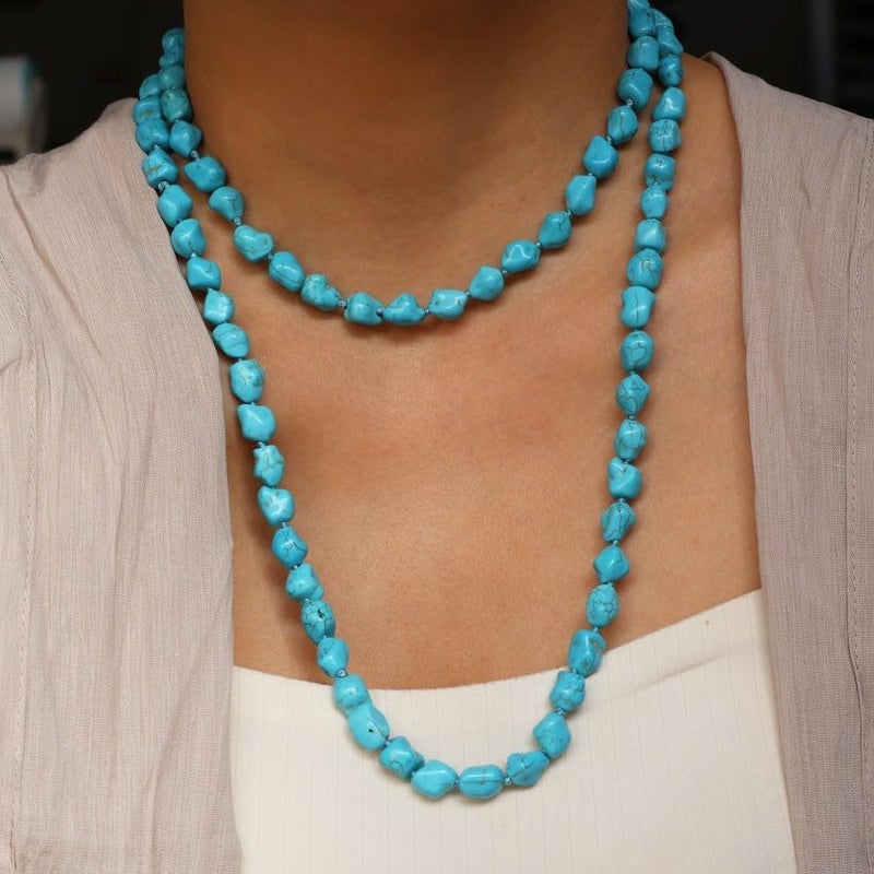 QS Long Turquoise Necklace Round Stone Beads Chunky Fashion Jewelry for Women cross Necklace Multi Meditation necklace 47.5inch - Image 4